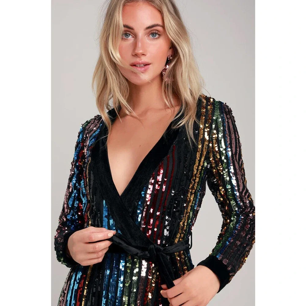 Lulu's Pretty Prismatic Rainbow Striped Sequin Midi Robe Dress TS Era's Style S - Picture 3 of 15